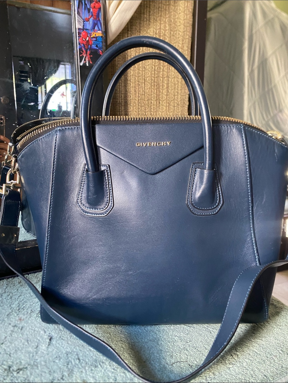 Givenchy Navy Blue Leather Satchel with Gold Hardware